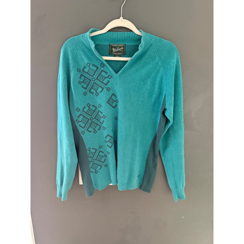 Woolrich Womens Atlantic Teal Cotton Geometric V-Neck Sweater Size L Outdoor